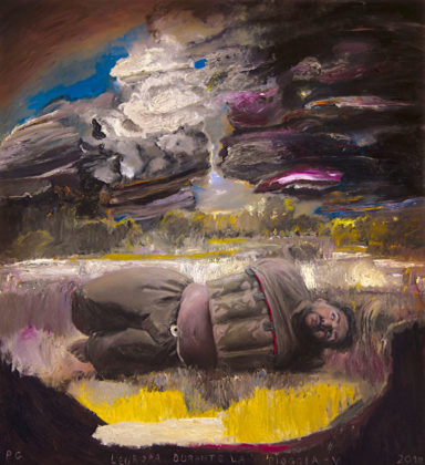 Pietro Geranzani, L’Europa durante la pioggia V, 2018, olio su tela, cavo elettrico, cm 220×200
