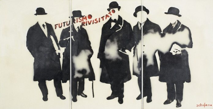 Mario Schifano Futurismo rivisitato, 1965 smalto e spray su tela e perspex / enamel and spray paint on canvas with perspex 174 x 336 cm collezione privata, Courtesy Fondazione Marconi, Milano © Mario Schifano by SIAE 2018 Mario Schifano Futurismo rivisitato, 1965 smalto e spray su tela e perspex / enamel and spray paint on canvas with perspex 174 x 336 cm collezione privata, Courtesy Fondazione Marconi, Milano © Mario Schifano by SIAE 2018